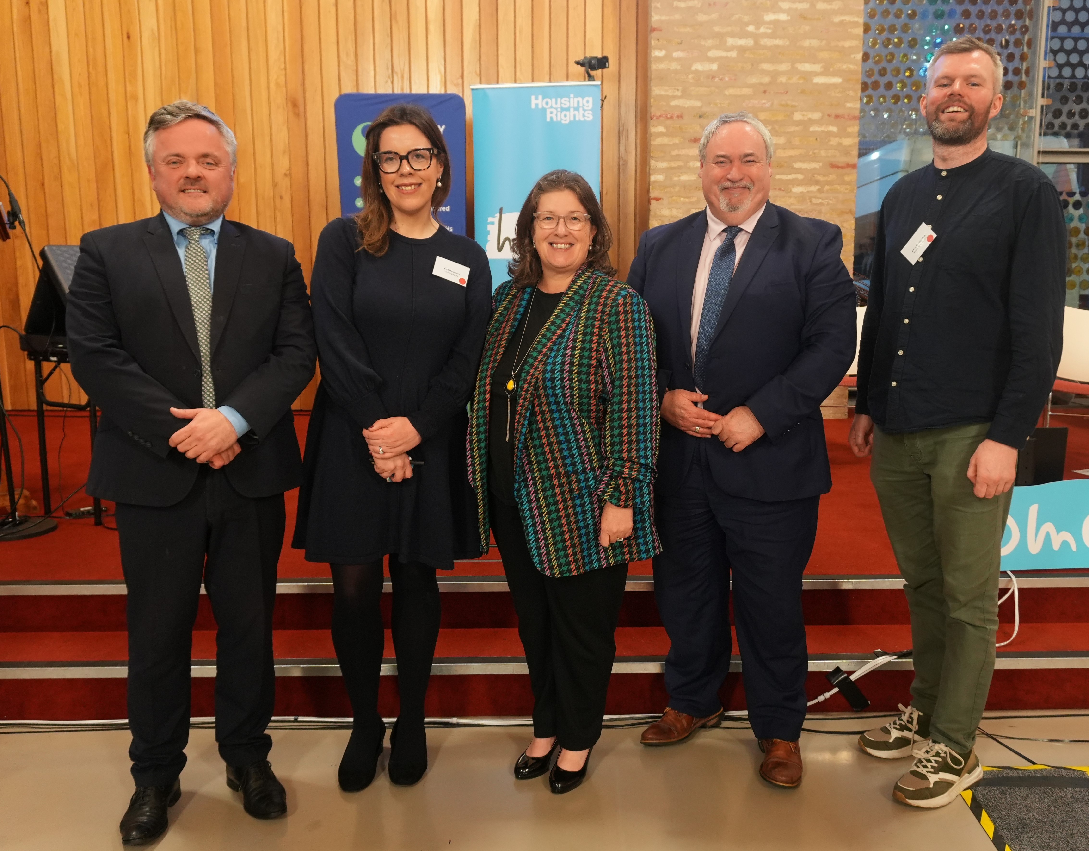 Sinn Féin MLA Colm Gildernew, Housing Rights' Kate McCauley, Alliance Party’s Kellie Armstrong, the SDLP’s Carl Whyte and Gerry Carroll of People Before Profit