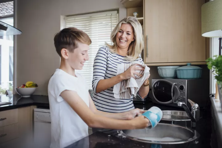 Woman and boy in kitchen