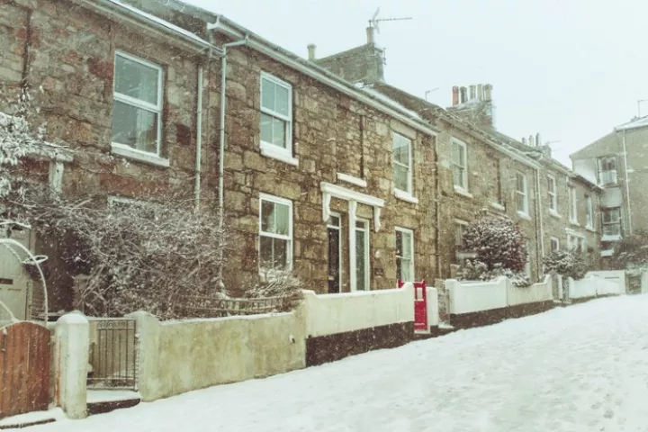 Row of terraced houses in the snow