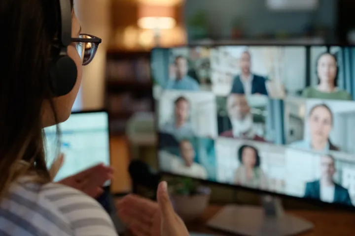 Woman, video call and conference or virtual meeting on screen discussion 