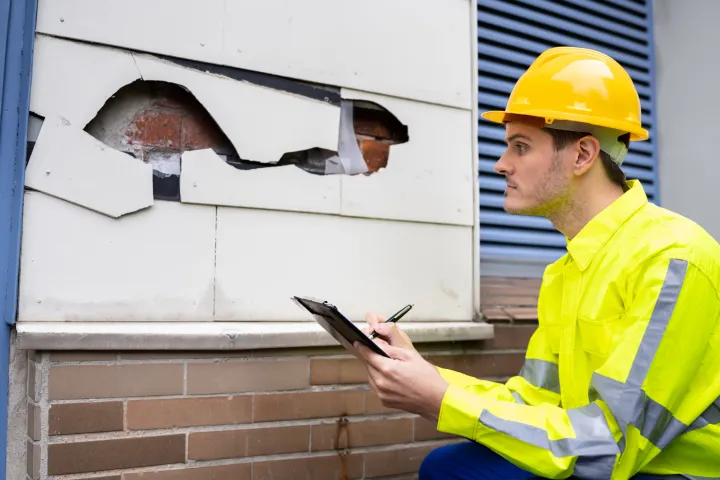 Man inspecting damage to the property