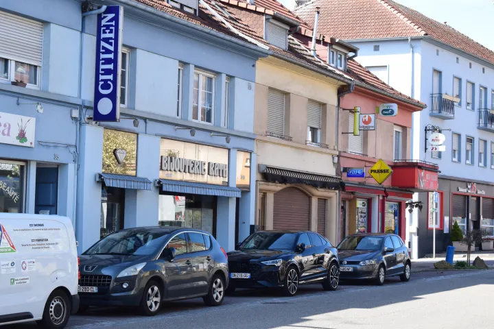 Small town street with shops stock photo