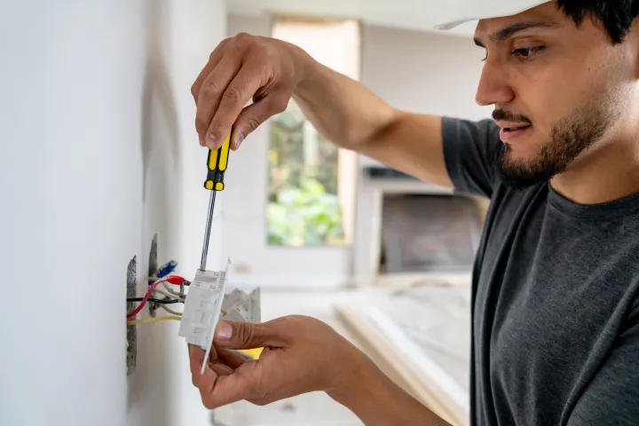Electrician installing a power socket while building a house stock photo