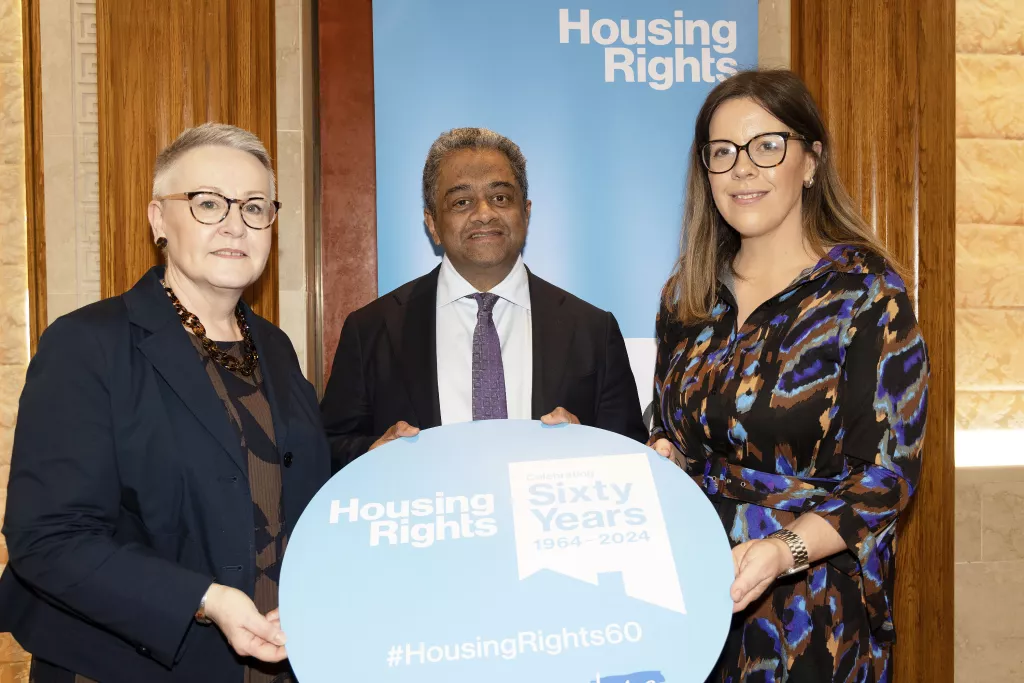 Housing Rights Chair Rose Crozier, United Nations Special Rapporteur on the Right to Adequate Housing Mr Balakrishnan Rajagopol and Housing Rights CEO Kate McCauley at the Housing Rights 60th anniversary event in the Long Gallery, Parliament Buildings, Stormont